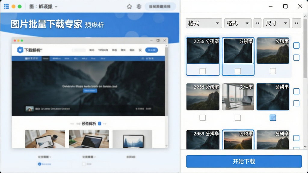 ���壺����������չʾ��ͼƬ��������ר�ҡ���ͼƬ�������ܣ����Ϊ��ҳԤ�����Ҳ�Ϊ��������ͼƬ�б������֣����ҷ����������ҳ����ͼ���Ҳ�ͼƬ�б�����ѡ���Ű棺�б������й���ѡ���ʽ���ߴ磩���ײ��С���ʼ���ء���ť����񣺱�ƽ��UI��ƣ�������ɫ����ϸ�ڣ�ͼƬ�б�ÿ������ͼ���Ͻ���ʾ�ļ���С�ͷֱ��ʣ�ѡ��������߿򡣻��ʣ���������������ɾ��޶���Ԫ�ء�