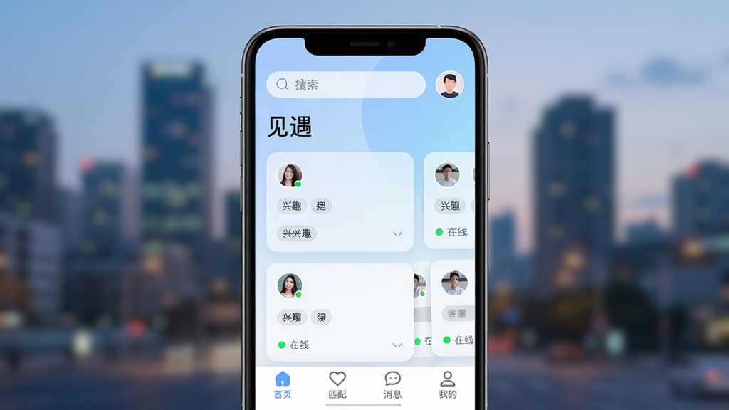 ����չʾһ�������ֻ���Ļ��д���ֻ�����������ʾ��������APP��ҳ��ҳ�����Լ�ִ�������͵����׽���Ϊ��ɫ�������������������û�ͷ���в�չʾ�����û���Ƭ����Ƭ������Ȥ��ǩ������״̬���ײ�������������ҳ��ƥ�䡢��Ϣ���ҵ��ĸ�ͼ�꣬����Ϊģ���Ķ���ҹ��������ɾ�������ϸ�ڷḻ��������Ⱦ�����й�ͼ���޶���Ԫ��