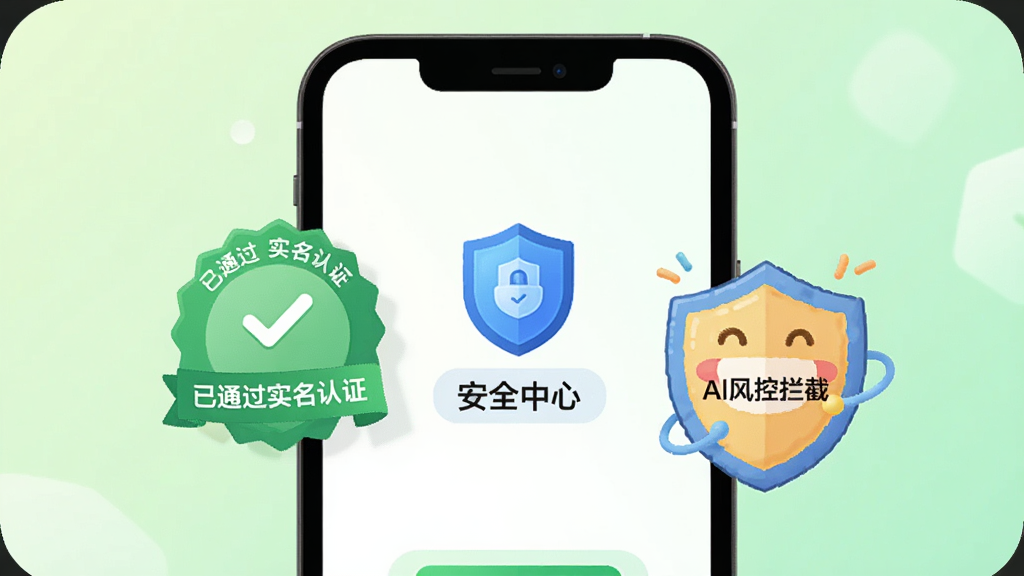 ����APP��ȫ��֤����ʾ��ͼ������չʾ�ֻ���Ļ�ϵ���֤ҳ�棬�С���ͨ��ʵ����֤����ɫ���º͡���ȫ���ġ��Ķ���ͼ�꣬�Ա��С�AI������ء��Ŀ�ͨ���ƣ�����Ϊ����ɫ���䣬��������죬��ƽ����ƣ����ʸ��壬�ɾ��޶���Ԫ��