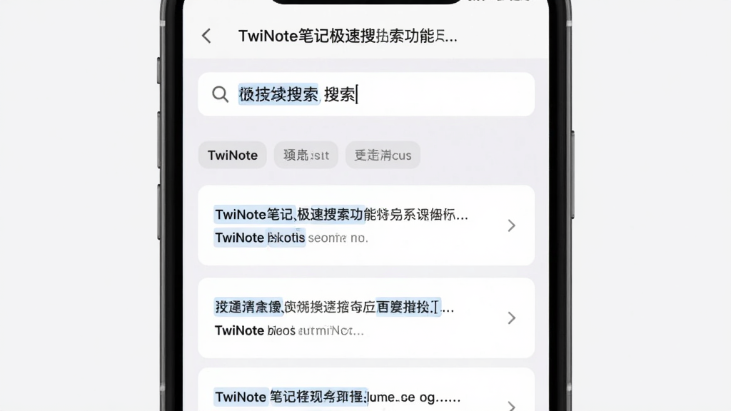 展示TwiNote笔记极速搜索功能的界面截图,主体为手机应用搜索页面,搜索框内输入关键词,下方以列表形式展示搜索结果,布局整齐。排版采用上下结构,顶部为搜索栏,下方为结果列表,风格为简洁的扁平化设计,以浅灰色背景搭配白色卡片,细节上突出搜索高亮文字和分类筛选标签,画质清晰,干净无多余元素