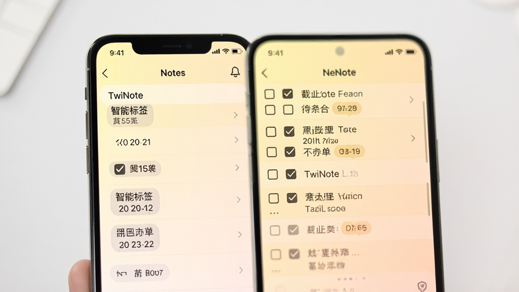 展示TwiNote笔记智能标签和待办清单功能的界面,主体为手机应用内的笔记列表和待办事项页面,左侧为标签分类,右侧为对应笔记,布局清晰。排版采用左右分栏,风格为清爽的渐变背景,以淡黄色到浅橙色过渡,细节上突出任务前的复选框和截止日期标识,画质柔和,干净无多余元素
