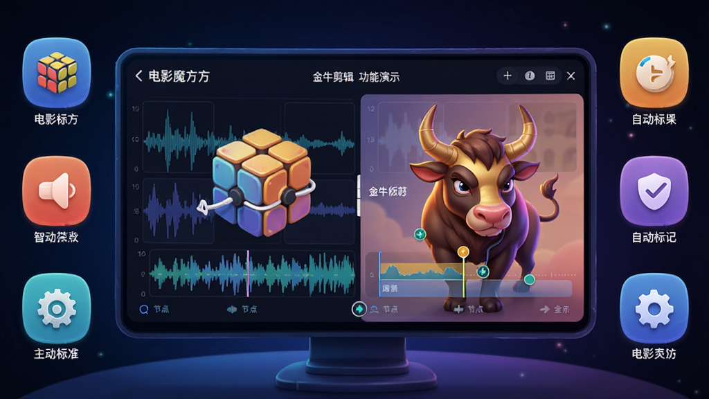 主体:电影魔方 金牛版智能剪辑功能演示,显示自动标记的节点;布局:中央大屏幕展示对比效果,周围环绕工具图标;排版:简洁直观,突出智能化操作;风格:科技感插画风格,明亮色调;细节:屏幕上有波形图与剪辑标记点;画质:高清渲染,干净,无多余元素