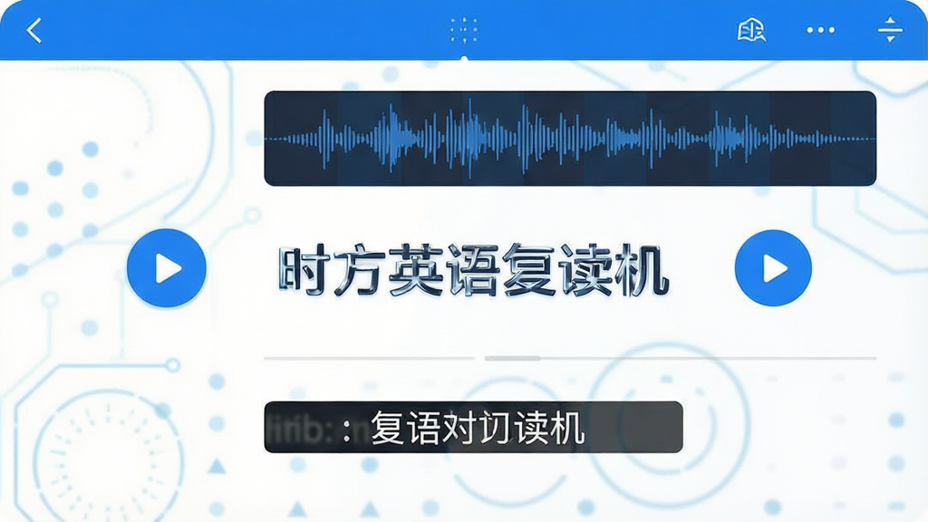 一张现代简约风格的英语学习软件界面预览图,主色调为蓝色与白色,界面中央显示“时方英语复读机”字样,周围环绕着播放控制按钮、波形图与字幕区域,整体布局清晰、科技感强,画质干净,无多余元素