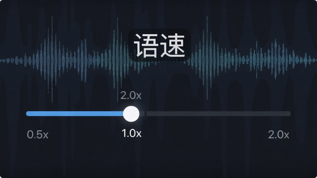 时方英语复读机语速调节功能界面,显示一个滑动条从0.5x到2.0x,当前指针指向1.0x,背景是音频波形图,界面风格清爽,配有“语速”文字标签,整体设计现代,画质干净,无多余元素