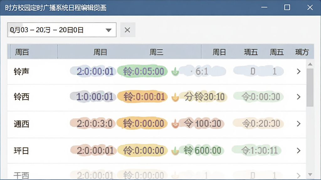 ʱ��У԰��ʱ�㲥ϵͳ���ճ̱༭ҳ�棬����Ϊ�����������ڣ�����Ϊ�Ϸ�����ѡ�����·������б����Ű����������ƽ����ƣ�ϸ����ʾ��һ�����������ʱ����ɫ��ǩ�����������޶���Ԫ��