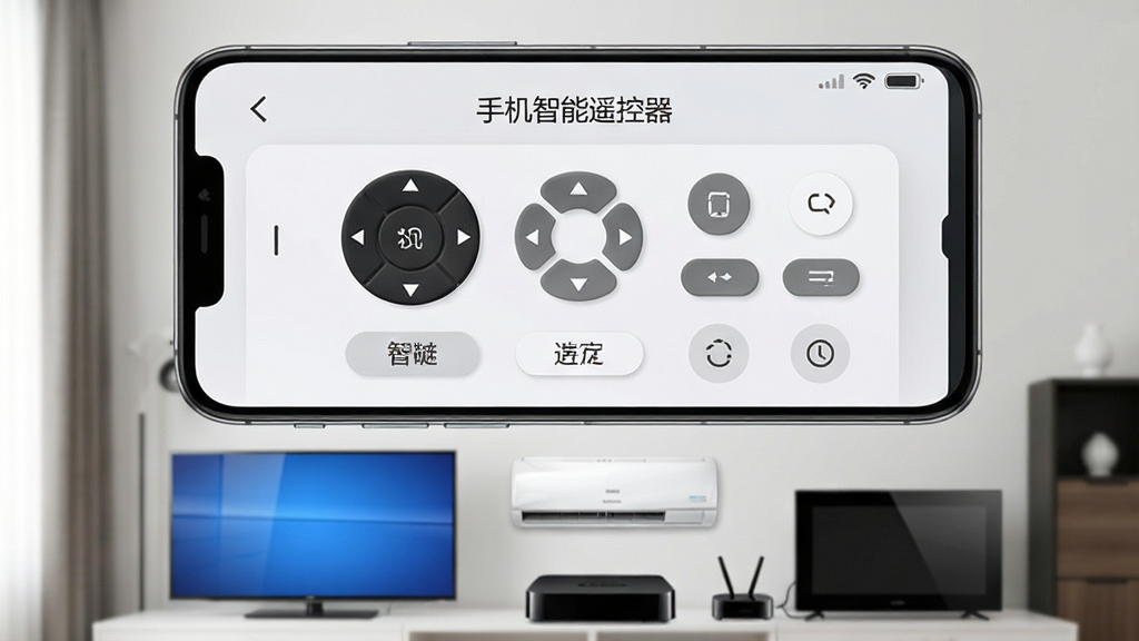 一张智能手机屏幕显示万能遥控界面的高清图片,手机下方摆放着电视、空调、机顶盒等家电,界面简洁现代,有“手机智能遥控器”字样,主体突出,布局清晰,风格写实,画质干净无多余元素