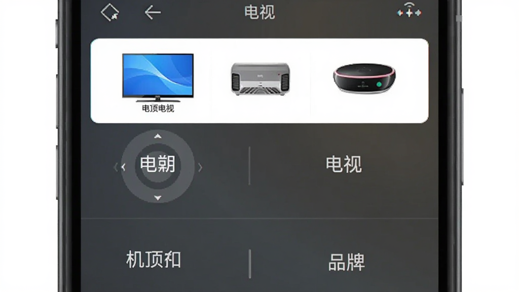 手机智能遥控器APP中显示品牌选择列表的界面截图,列表包含电视、空调、机顶盒等分类,品牌名清晰可见,背景为浅色,风格简洁,画质干净无多余元素