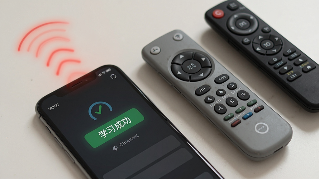 手机智能遥控器APP的学习功能界面,手机顶部发出红外线信号,旁边摆放原装遥控器,界面显示“学习成功”提示,风格简洁直观,画质清晰,无多余元素