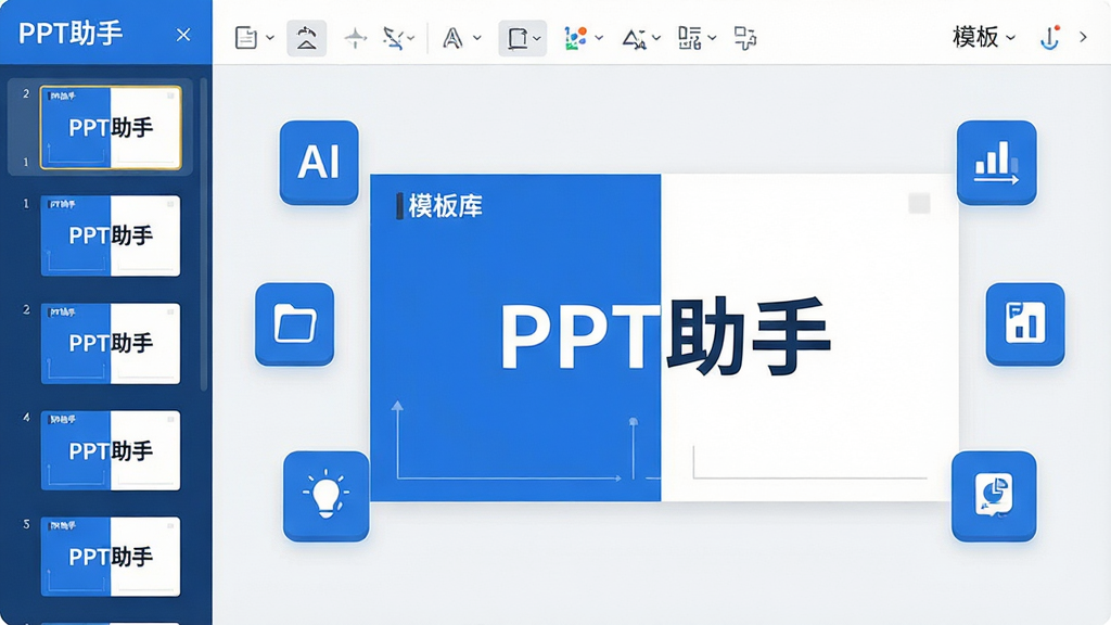 主体:PPT助手软件主界面,展示着一款正在编辑的商务风格PPT幻灯片,界面左侧是缩略图列表,右侧是编辑区域,顶部有工具栏。布局:画面中心突出幻灯片编辑预览,周围环绕功能图标,如AI生成、模板库、图表插入等。排版:左右结构,左窄右宽,整体平衡。风格:现代简约,扁平化设计,色彩以蓝色和白色为主,清新明亮。细节:幻灯片上显示“PPT助手”字样,界面图标清晰,文字锐利。画质:高清,干净,无多余元素。