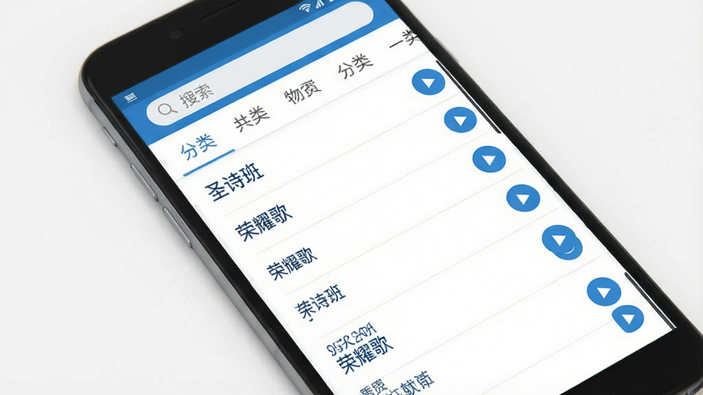 赞美诗播放器软件界面展示,主体为手机竖屏截图,列表页显示多行赞美诗歌曲名称如“圣诗班”、“荣耀歌”,每行带有播放按钮。布局为上下滑动列表,排版整齐。风格简洁明亮,白底蓝字,细节有搜索栏和分类标签。画质清晰,干净无多余元素。