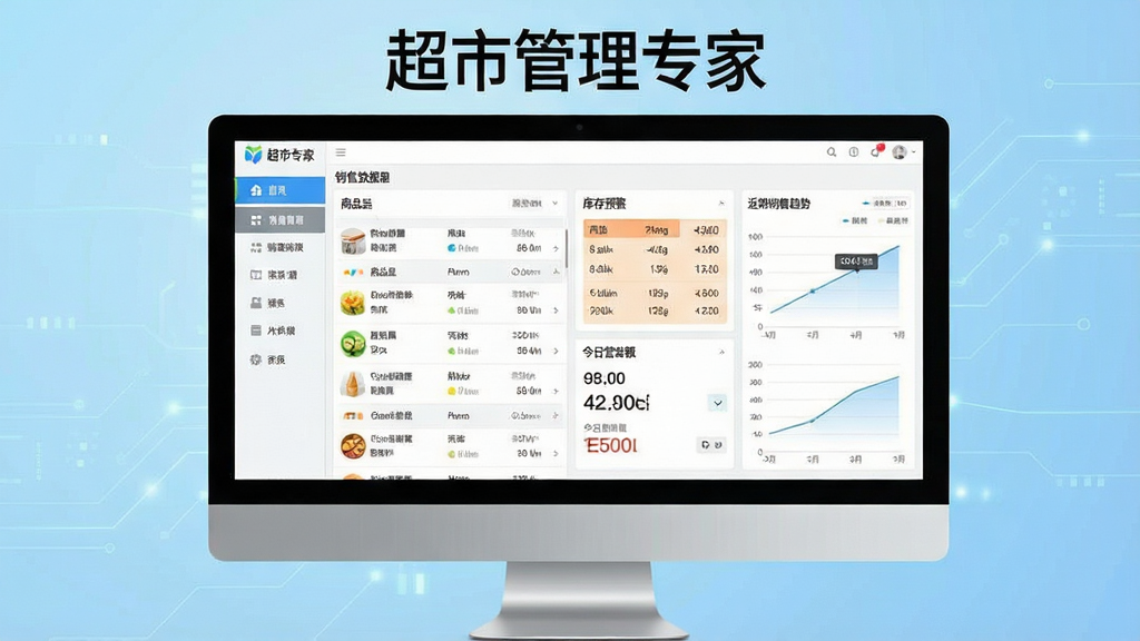 一幅展示超市管理专家软件在电脑上运行的主界面截图,画面中央是清晰的店铺销售数据看板,包含商品列表、库存预警、今日营业额等模块,左侧是功能导航栏,右侧是近期销售趋势图表,整体布局简洁明快,背景为浅蓝色科技感渐变,画质清晰,干净无多余元素,图片中文字标注“超市管理专家”