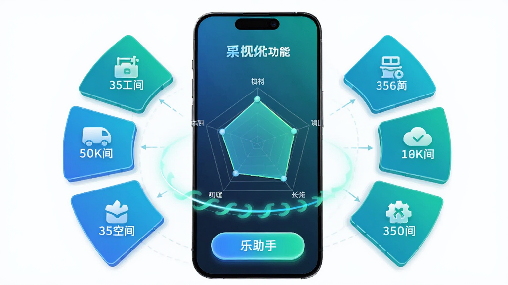 主体:乐助手手机优化功能界面,显示清理结果雷达图;布局:中央为手机模型,周围环绕清理项图标;排版:清理项以扇形分布,数字标注清理空间;风格:科技感,蓝绿渐变色调,动感十足;细节:扫描动画光线流动,清理按钮发光;画质:高清3D渲染,干净无多余元素
