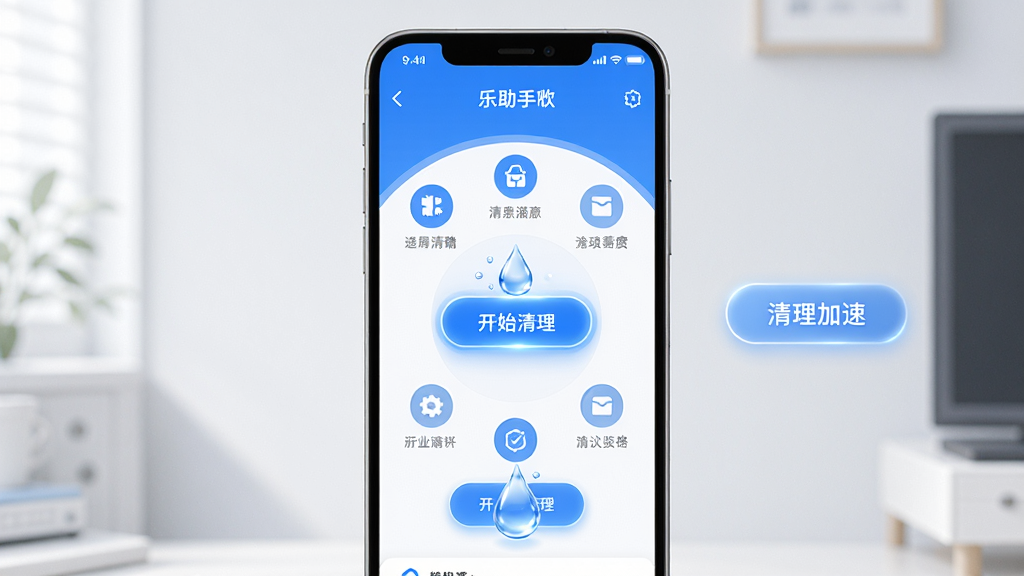 主体:手机屏幕显示乐助手手机版界面,旁边有清理加速按钮;布局:手机居中,屏幕内容突出;排版:功能图标环形排列,中心为“开始清理”按钮;风格:清新简洁,蓝白配色;细节:清理动画为水滴汇聚,按钮发光;画质:高清渲染,干净无多余元素