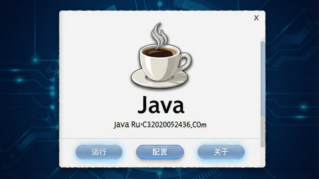 主体:Java Runtime Environment的启动界面,搭配经典的咖啡杯图标,背景为深蓝色科技感渐变,中央显示“Java”字样与版本信息;布局:图标居中,下方排列“运行”“配置”“关于”三个按钮;排版:简洁的对话框式布局,按钮横向等距分布;风格:现代扁平化设计,结合微质感阴影;细节:图标边缘有细腻的高光,按钮悬停时呈现淡蓝色光晕;画质:8K超清,干净无多余元素