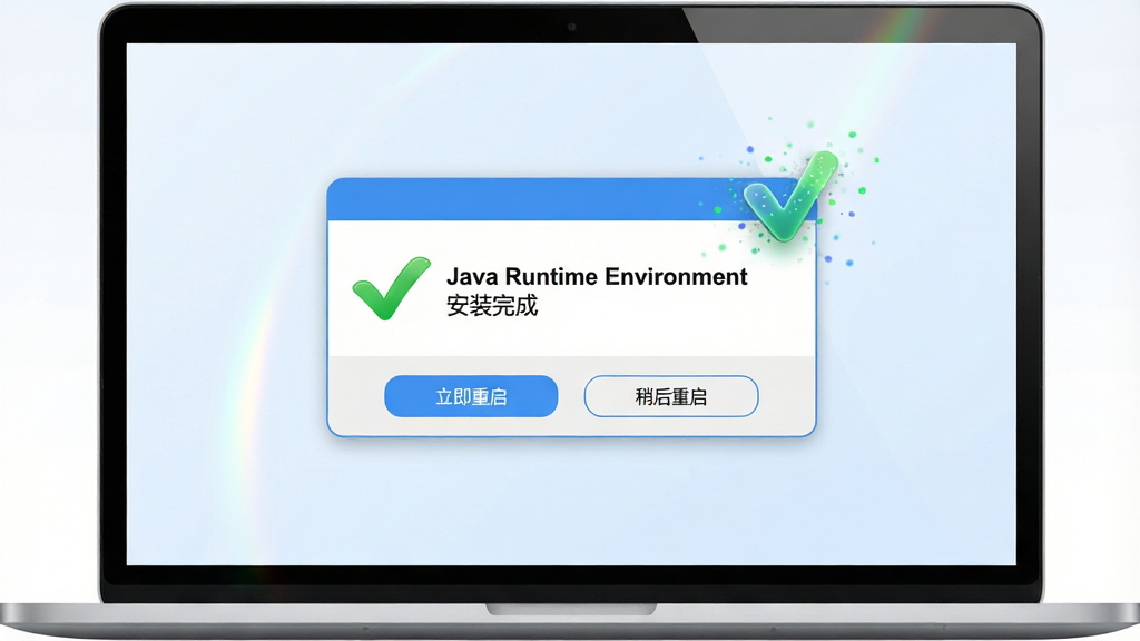 主体:笔记本电脑屏幕上显示“Java Runtime Environment安装完成”的提示窗口,旁边有绿色的对勾图标;布局:屏幕居中,提示窗口下方有“立即重启”和“稍后重启”两个按钮;排版:窗口采用圆角矩形,按钮水平排列;风格:清新商务风格,浅色背景配以蓝色主色调;细节:屏幕反射出微光,对勾图标带有动态粒子效果;画质:4K高清,干净背景无杂物