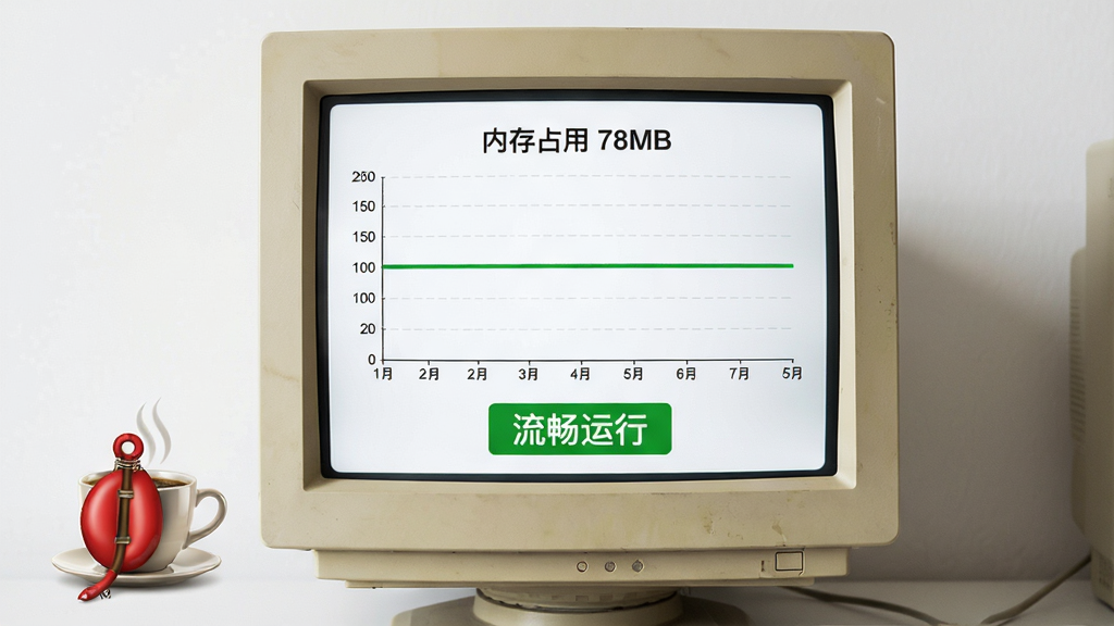 主体:一台老式台式机屏幕显示“内存占用 78MB”的监控图表,旁边有Java咖啡杯图标;布局:图表居中,下方有“流畅运行”的绿色标签;排版:图表为折线图,标签居中;风格:简约监控风格,白色背景;细节:折线图平稳无波动;画质:高清,无多余元素