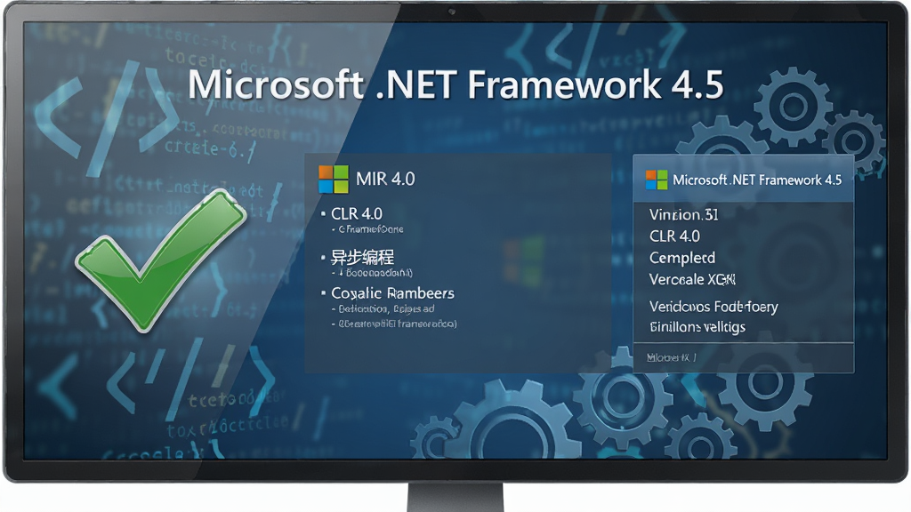 主体:一台现代化的Windows电脑屏幕前,显示着“Microsoft .NET Framework 4.5”安装完成后的系统界面,背景有抽象的代码符号和齿轮图标。布局:主体位于中央,左侧有绿色对勾图标,右侧为版本信息面板。排版:界面简洁,文字清晰,上方标题为“Microsoft .NET Framework 4.5”,下方列出“CLR 4.0”、“异步编程”等特性。风格:科技感、商务蓝灰配色,高光渲染。细节:屏幕反射柔和光线,图标边缘锐利,画质:8K超清,干净,无多余元素。