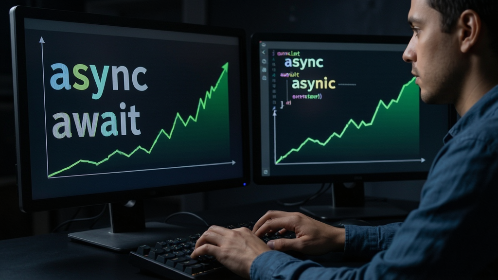 主体:一个程序员正在编写代码,屏幕上显示“async”与“await”关键词,旁边有性能折线图上升。布局:程序员侧身,屏幕占据画面右侧。排版:代码高亮显示,折线图用绿色线条。风格:写实风格,深色背景。细节:程序员手指敲击键盘,屏幕微光。画质:4K,干净,无多余元素。