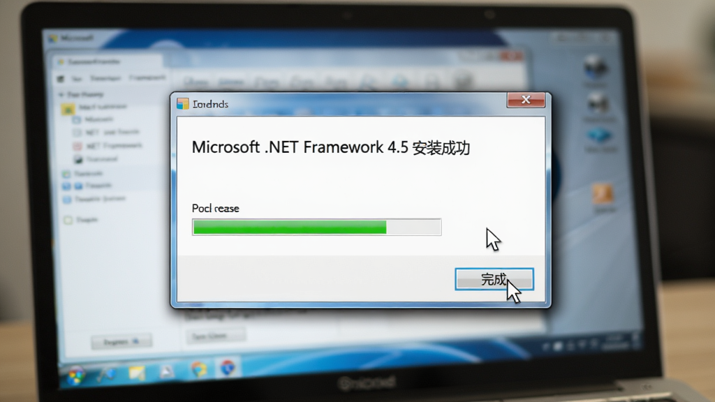 主体:一台笔记本电脑屏幕显示“Microsoft .NET Framework 4.5 安装成功”的对话框,旁边有用户点击“完成”按钮。布局:对话框居中,背景模糊。排版:对话框上文字清晰,下方有进度条满格。风格:写实界面截图风格。细节:鼠标指针悬停在按钮上,窗口有阴影。画质:高清,干净,无多余元素。