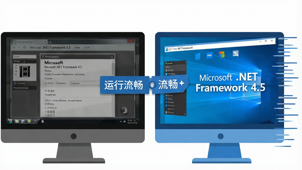 主体:两台并排的电脑显示器,分别运行着旧版和新版.NET Framework的应用界面,新版一侧显示“运行流畅”标签。布局:左右对比布局,左侧为旧版灰暗界面,右侧为亮丽的新版界面。排版:右侧屏幕上有“Microsoft .NET Framework 4.5”字样。风格:扁平化插画风,蓝色调。细节:右侧屏幕边缘有速度线,寓意性能提升。画质:高清,干净,无多余元素。