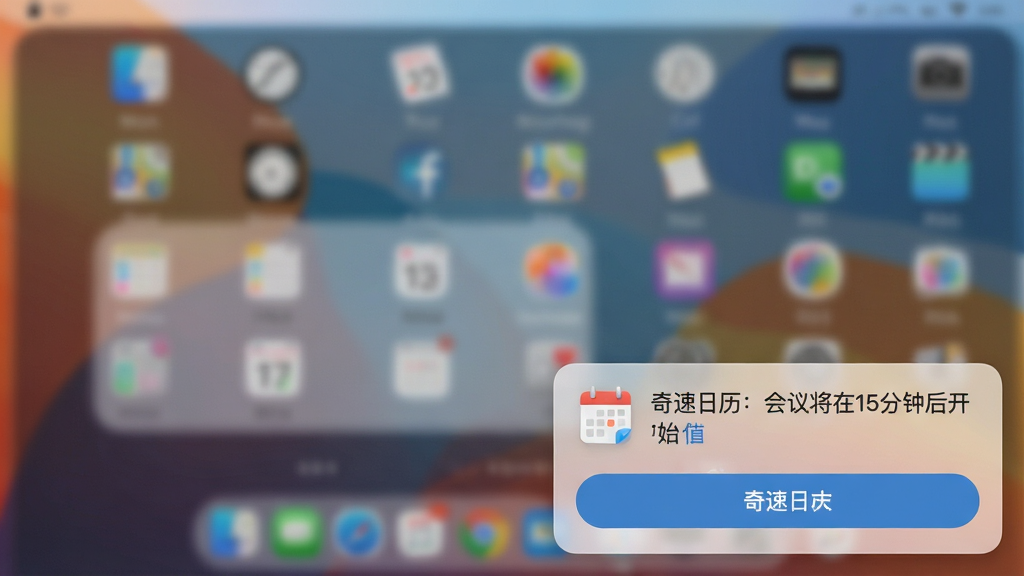 展示奇速日历提醒通知弹窗效果,屏幕右下角出现一条半透明通知卡片,显示“奇速日历:会议将在15分钟后开始”,背景为模糊的桌面壁纸,卡片上有日历图标和按钮,画质高清,风格简约,无多余元素