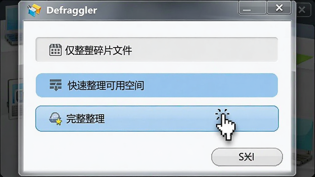 Defraggler整理模式选择窗口,显示三个选项按钮,分别标注“仅整理碎片文件”、“快速整理可用空间”、“完整整理”,鼠标悬停在“完整整理”选项上,界面简洁明了,软件名称出现在窗口标题栏,图片风格干净,画质清晰。