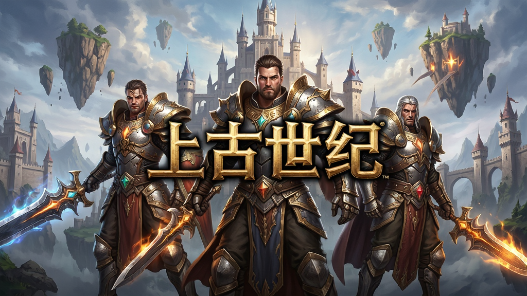 一张充满奇幻色彩的游戏宣传海报,主体为《上古世纪》中的经典职业角色,身披华丽铠甲,手持发光武器,背景是宏伟的城堡和漂浮的岛屿,整体风格为写实奇幻,画面中央有醒目的游戏LOGO“上古世纪”,构图大气,细节丰富,画质高清,干净无多余元素。