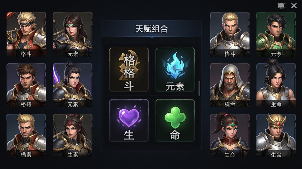 一张游戏角色选择界面的截图,主体为多个不同职业的角色立绘排列在屏幕两侧,中间显示天赋组合面板,有“格斗”“元素”“生命”等字样,整体风格为UI界面设计,画面清晰,布局规整,细节丰富,画质高清,干净无多余元素。