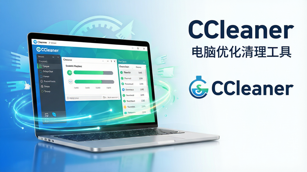 主体:一台笔记本电脑屏幕显示CCleaner的彩色清理界面,周围环绕着代表速度与清洁的光效。布局:电脑居中偏左,右侧留白放置“CCleaner”文字标识。排版:主标题