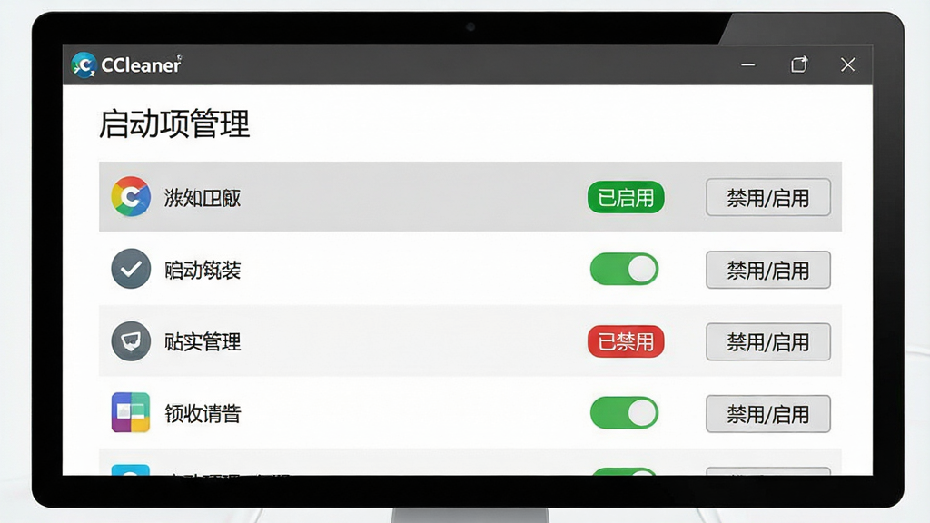 主体:电脑屏幕显示CCleaner的启动项管理页面,列表展示各软件名称和状态开关。布局:列表纵向排列,右侧有“禁用/启用”按钮。排版:顶部
