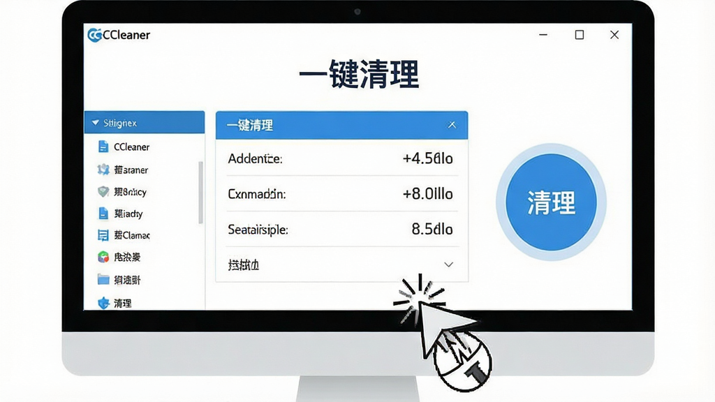 主体:电脑屏幕显示CCleaner一键清理的扫描结果界面,左侧分类列表,右侧圆形清理按钮。布局:界面居中,下方模拟鼠标点击动画。排版:顶部