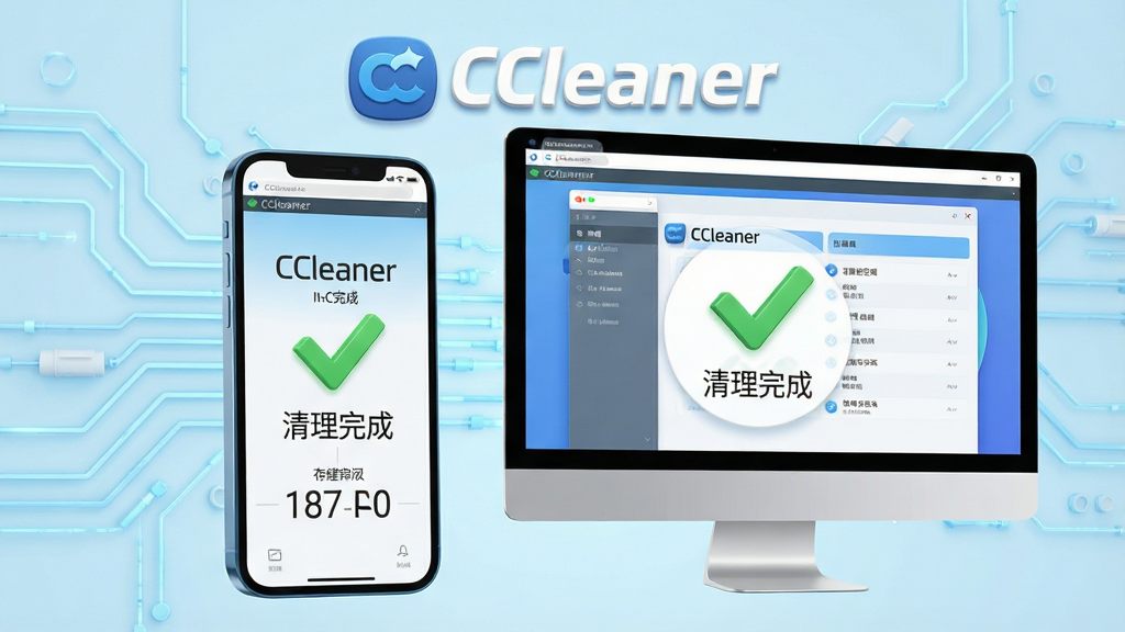 主体:手机和电脑并排显示CCleaner的清理完成界面,屏幕上有“清理完成”的绿色对勾图标。布局:手机在左,电脑在右,背景为淡蓝色科技线条。排版:上方