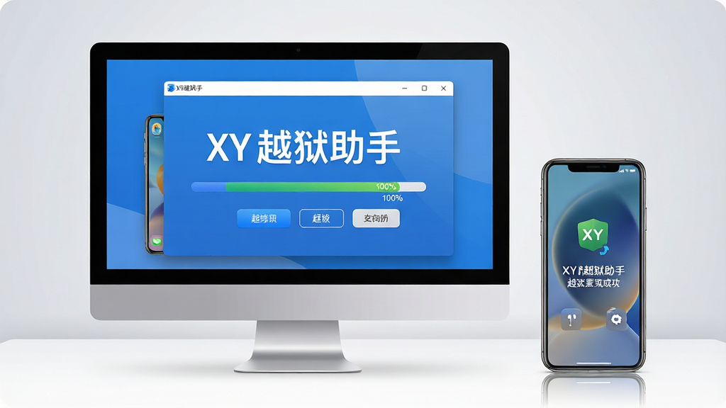 主体:XY越狱助手软件界面展示在电脑屏幕中央,旁边摆放一台iPhone手机,屏幕显示越狱成功界面,主体突出软件名称“XY越狱助手”字样。布局:电脑屏幕位于画面中央偏左,手机位于右侧,背景为干净的浅灰色渐变,整体构图平衡。排版:软件界面上的按钮和文字清晰可辨,越狱进度条显示100%完成状态。风格:现代科技感,扁平化设计,色调以蓝白为主。细节:界面图标精致,手机屏幕反射微弱光泽,桌面整洁无杂物。画质:高清渲染,细节丰富,画面干净无多余元素。
