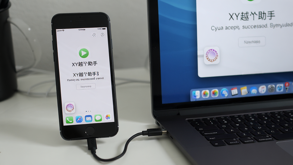 主体:一台iPhone手机连接电脑运行XY越狱助手,屏幕显示越狱成功,手机桌面出现Cydia图标。布局:手机位于画面左侧,电脑屏幕位于右侧,背景为简约书桌。排版:手机屏幕和电脑屏幕内容均清晰可见,越狱状态提示醒目。风格:写实风格,光线自然。细节:数据线连接清晰,Cydia图标突出,桌面整洁。画质:高清,无多余杂物。
