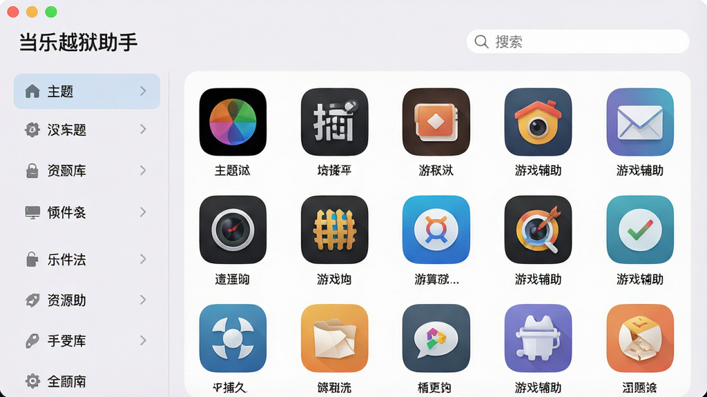 当乐越狱助手资源库界面展示,左侧分类列表,右侧应用图标网格排列,包含主题、插件、游戏辅助等图标,界面采用浅色背景,圆角卡片设计,顶部搜索栏,整体简洁清新,文字“当乐越狱助手”置于左上角,画质干净,无多余元素。
