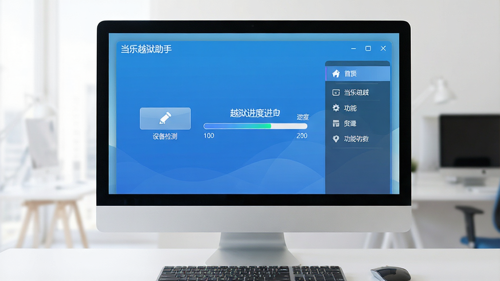 一张电脑屏幕前展示当乐越狱助手软件主界面的高清图片,界面包含设备检测按钮、越狱进度条和功能菜单,整体风格简洁现代,蓝色主题色调,画面清晰明亮,干净无多余元素,文字区域显示“当乐越狱助手”字样,画质细腻,无多余修饰。