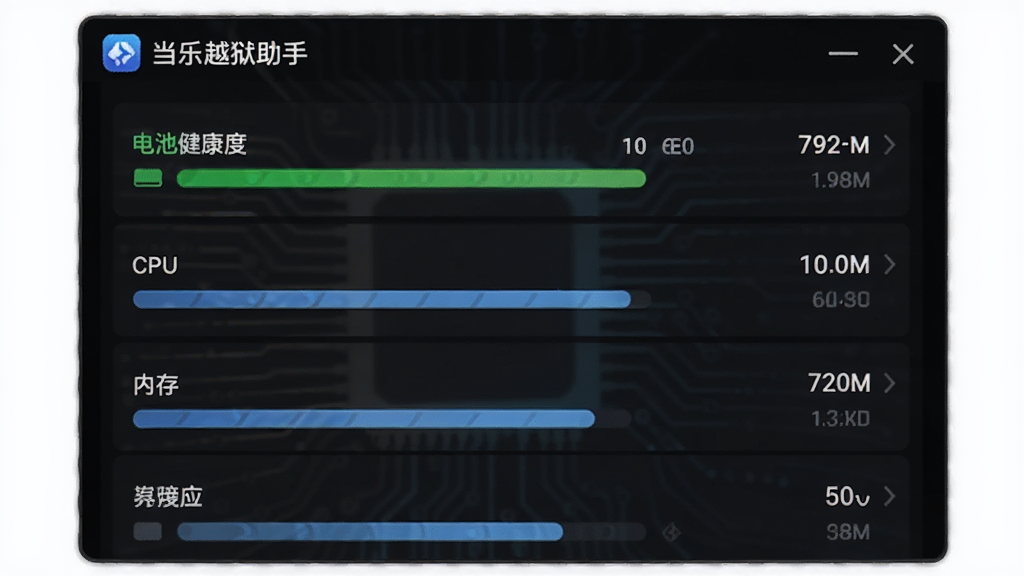 当乐越狱助手设备信息检测页面,屏幕显示电池健康度、CPU、内存等数据列表,数据以进度条和数字形式呈现,界面采用深色背景,数据高亮显示,左上角有“当乐越狱助手”标识,整体专业科技感,画质高清,无多余元素。