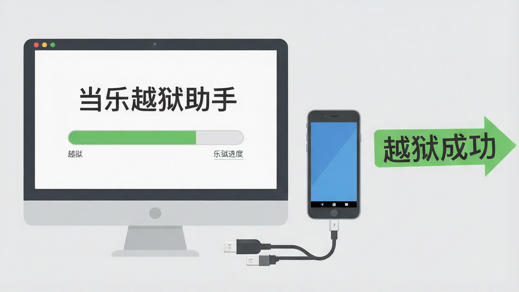 当乐越狱助手使用教程示意图,电脑屏幕显示越狱进度条,手机连接数据线,旁边标注“越狱成功”字样,画面采用扁平化风格,背景为浅灰色,整体清晰明了,文字“当乐越狱助手”出现在电脑界面,画质干净,无多余元素。