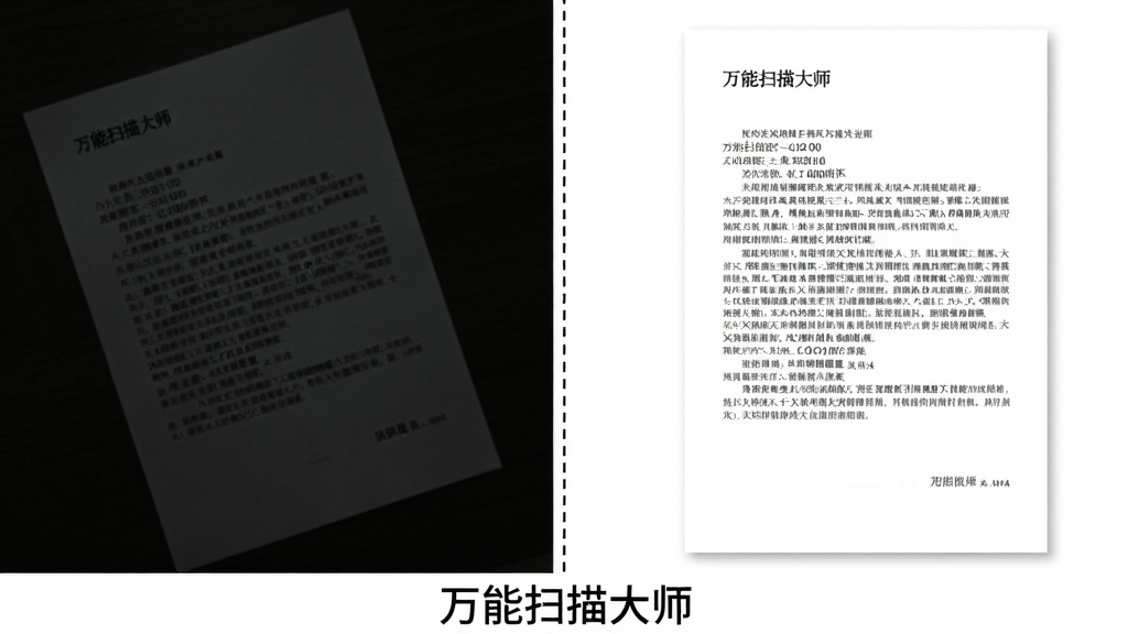 主体:一张扫描后的文档对比图,左侧是原始拍摄照片,右侧是经过万能扫描大师处理后的高清扫描件。布局:左右对比排列,中间用一条竖直虚线分隔,底部有“万能扫描大师”字样。排版:左侧照片较暗且有倾斜,右侧扫描件明亮端正,文字清晰。风格:简洁对比风格,白色背景。细节:右侧扫描件边缘干净,无阴影,文字锐利。画质:高清晰度,干净,无多余元素。