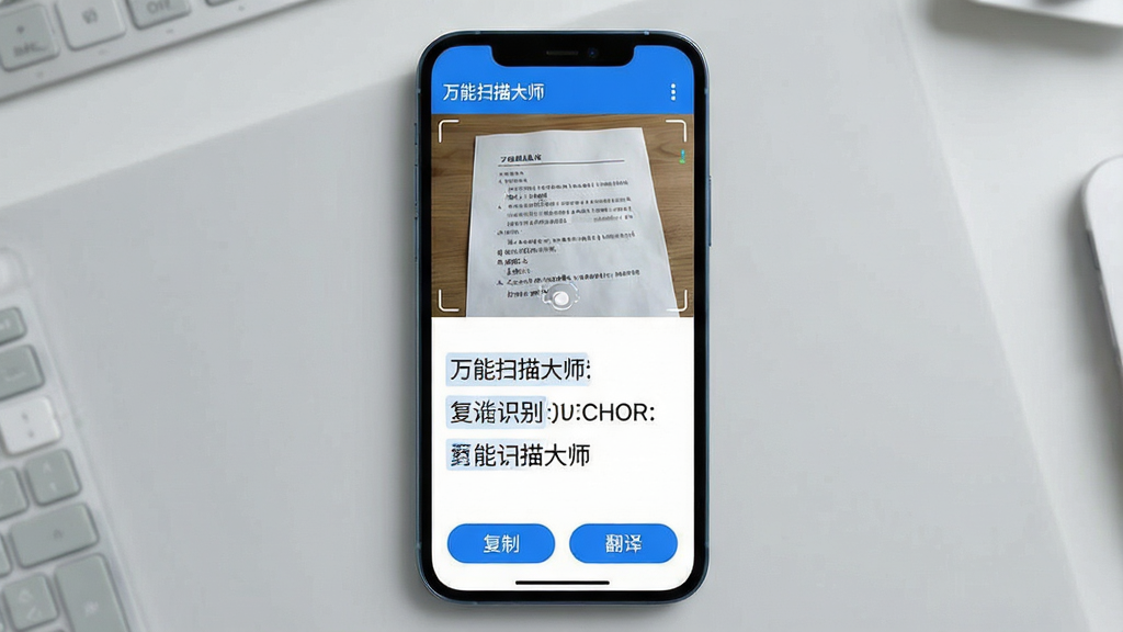 主体:手机屏幕显示OCR识别过程,上方为拍摄的文档照片,下方为识别出的文本内容,并带有“复制”“翻译”按钮。布局:手机居中,屏幕分为上下两部分,上方图片,下方文本,背景为浅灰色工作台。排版:屏幕左上角有“万能扫描大师”字样,文本区域字体清晰。风格:科技感界面,蓝白配色。细节:识别文字与原文对应,按钮可点击。画质:高清,干净,无多余元素。