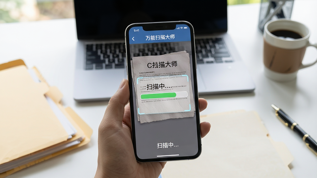 主体:一部手机正在扫描一份合同,屏幕显示扫描进度条,周围有文件夹和办公用品。布局:手机在画面中央,背景为办公桌,有笔记本电脑和咖啡杯。排版:屏幕上有“万能扫描大师”和“扫描中...”字样。风格:写实生活风,自然光。细节:合同纸张纹理清晰,手机界面友好。画质:高清,干净,无多余元素。