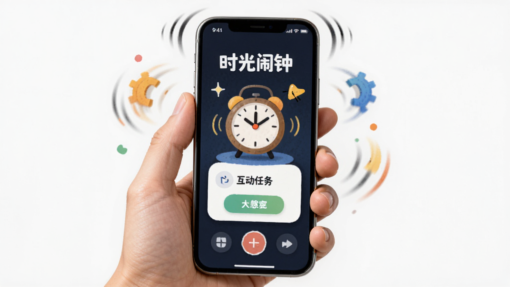 主体为一只手拿着手机摇晃,屏幕显示“时光闹钟”的互动任务界面,布局为手机居中,风格写实结合插画,细节强调动态感与趣味性,画质清晰,干净背景,无多余元素。