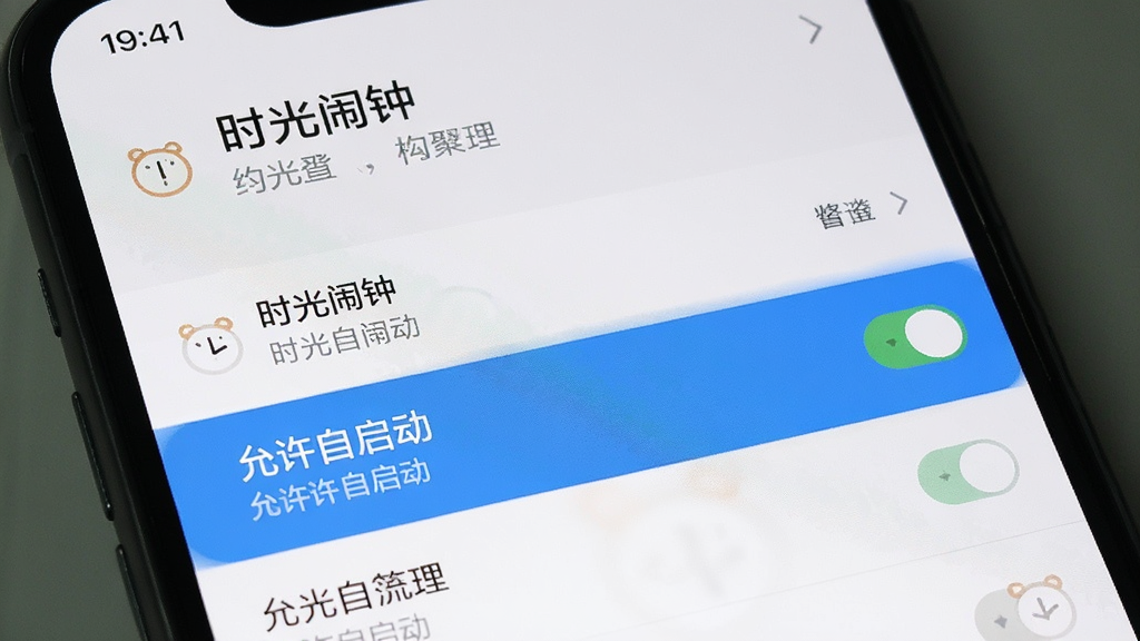 主体为手机设置界面,显示“时光闹钟”的应用权限管理页面,布局为列表形式,风格清晰简洁,细节高亮显示“允许自启动”选项,画质干净,无多余元素。