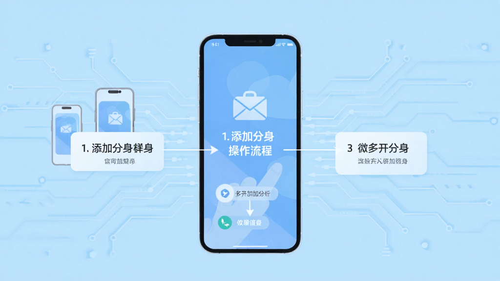 微多开分身使用步骤示意图,手机屏幕显示添加分身操作流程,背景为浅蓝色科技感线条,主体为手机模型,布局清晰,排版简洁,风格扁平化插画,细节标注步骤序号,画质干净,无多余元素。