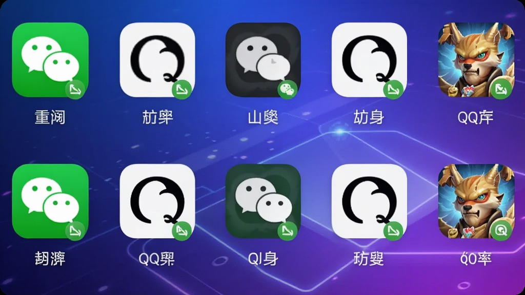 微多开分身主界面展示,手机屏幕中整齐排列多个微信、QQ、游戏图标分身,背景为渐变蓝紫色科技感光效,主体居中,布局对称,排版清晰,风格现代简约,细节体现每个分身独立运行标识,画质高清,干净,无多余元素。