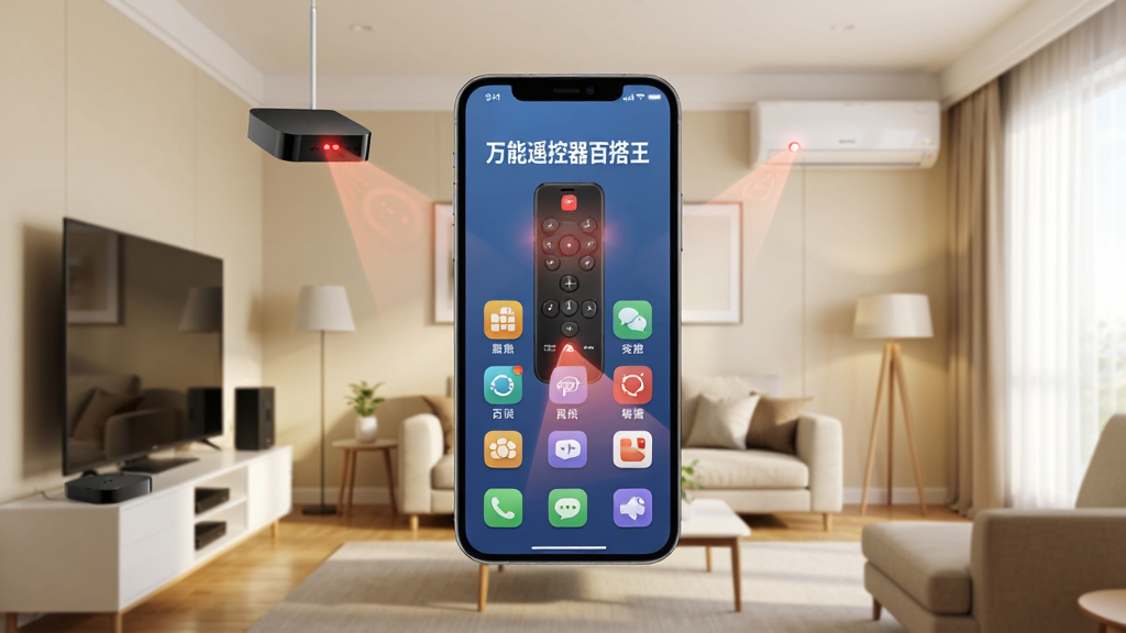 画面主体为一部智能手机悬浮在客厅中央,屏幕显示“万能遥控器百搭王”主界面,周围环绕电视、空调、机顶盒等家电设备,背景为温馨明亮的现代家居,布局采用中心对称,手机屏幕内容清晰可见,风格为3D渲染写实风,细节呈现遥控器红外发射光束,画质高清通透,干净无多余元素