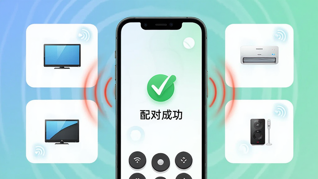 画面主体为万能遥控器百搭王配对成功界面,手机屏幕中央显示“配对成功”绿色勾选标志,周围有电视、空调等设备图标亮起,布局采用卡片式居中排列,风格为清新渐变背景,细节呈现红外信号波纹动画效果,画质高清,干净无多余元素