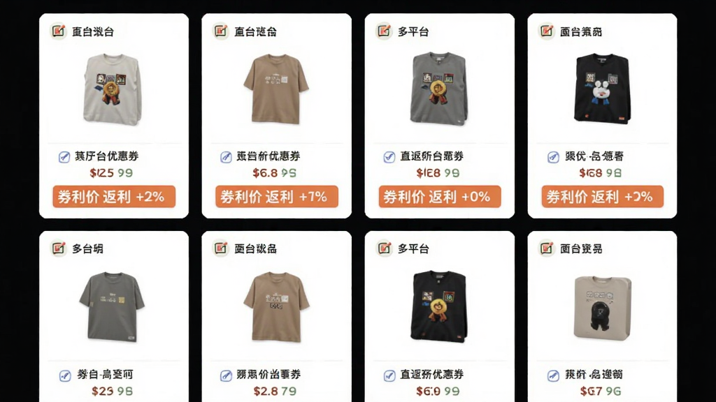 直返聚合优惠券界面,主体为多平台商品卡片排列,布局网格状,排版整齐,风格清新,细节展示券后价与返利百分比,画质清晰干净无多余元素