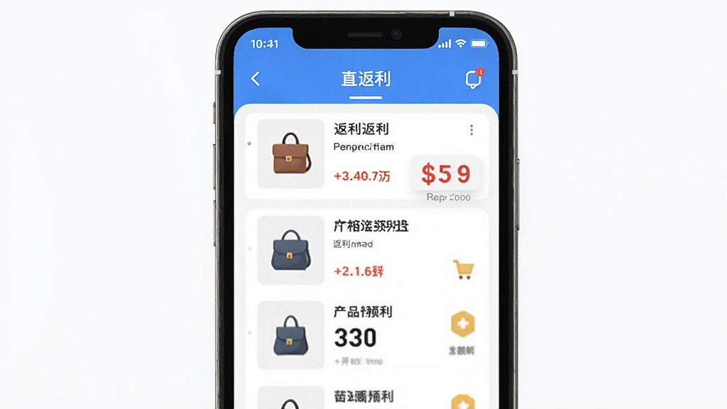 直返app界面预览图,主体为手机屏幕展示购物返利流程,布局清晰,排版简洁,风格现代扁平化,细节包括商品列表与返利金额标识,画质高清干净无多余元素