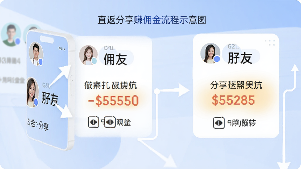 直返分享赚佣金流程示意图,主体为手机分享链路图,包含好友头像与佣金数字,布局流程图样式,排版直观,风格简约,细节突出收益金额,画质干净无多余元素
